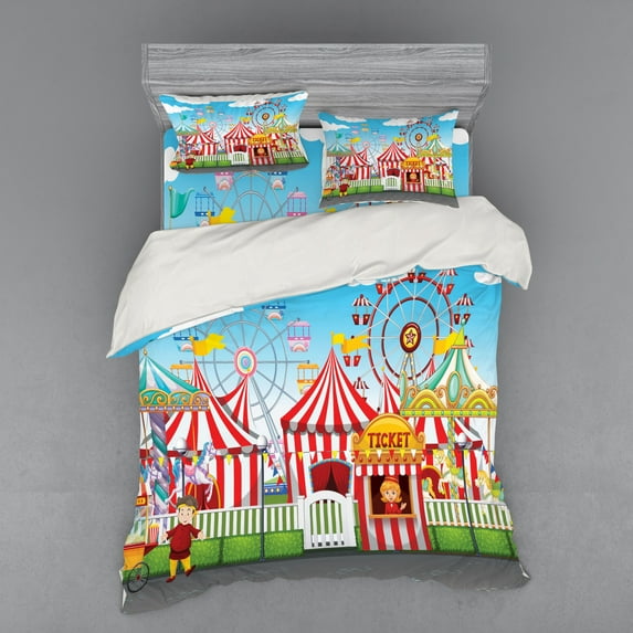 Ambesonne Landscape Bedding Set 4 Pcs, Carnival Many Rides, Queen, Multicolor