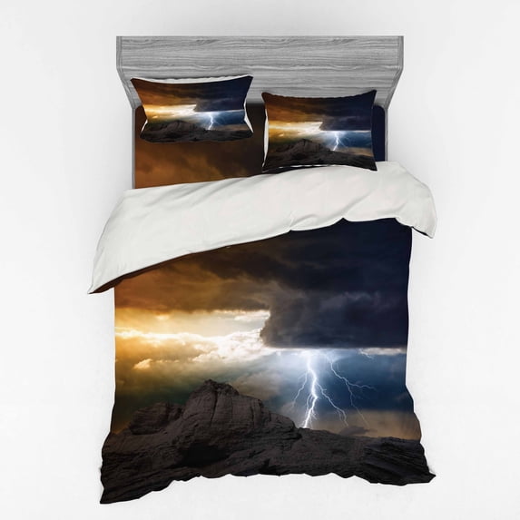 Ambesonne Landscape Bedding Set 4 Pcs, Dark Clouds Mountain, Queen, Grey Orange