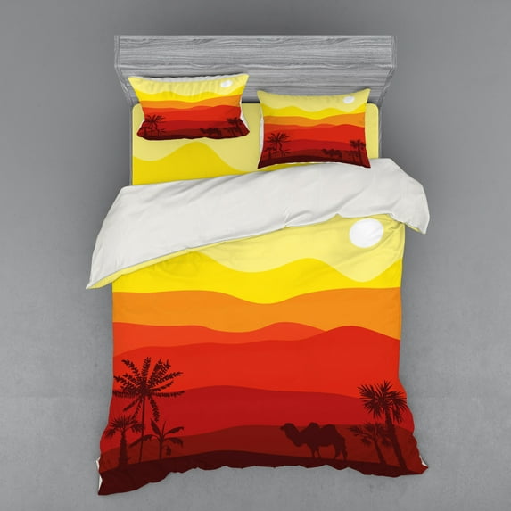 Ambesonne Landscape Bedding Set 4 Pcs, Dessert Scene Camel Trees, Queen, Multicolor