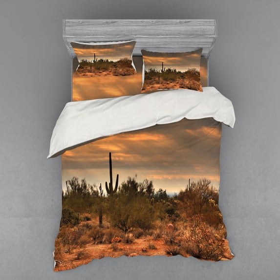Ambesonne Landscape Bedding Set 4 Pcs, Dramatic Shady Desert, Queen, Orange Green