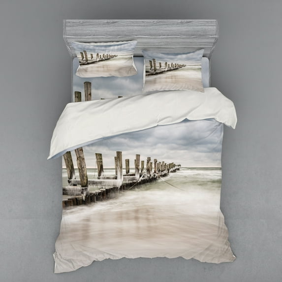Ambesonne Landscape Bedding Set 4 Pcs, Groyne Zingst Germany, Queen, Pale Blue White Tan