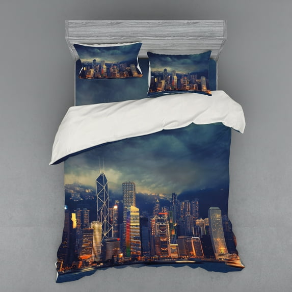 Ambesonne Landscape Bedding Set 4 Pcs, Hong Kong Cityscape, Queen, Multicolor