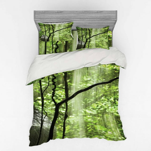 Ambesonne Landscape Bedding Set 4 Pcs, Jungle Waterfall Tree, Queen, Green Brown