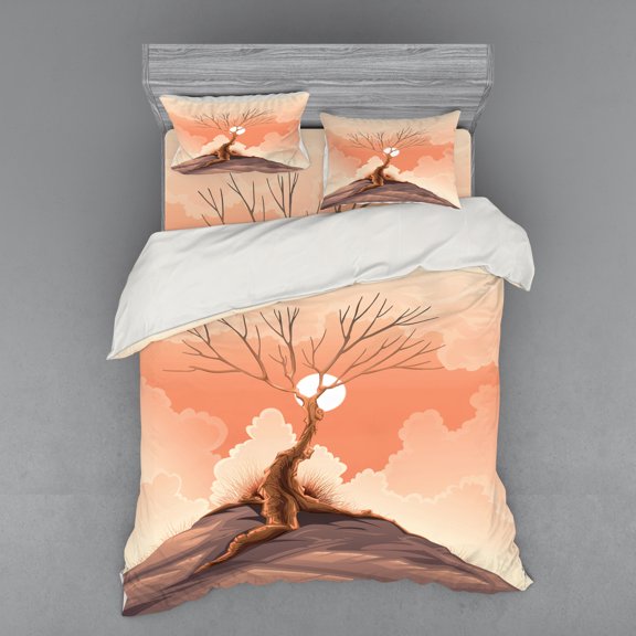 Ambesonne Landscape Bedding Set 4 Pcs, Lonely Tree on Cliff, Queen, Orange Brown
