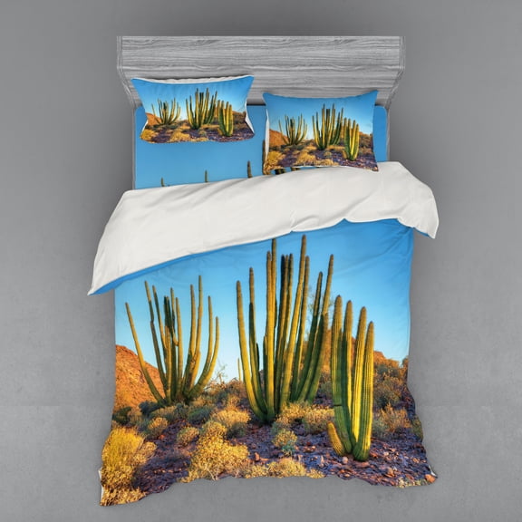 Ambesonne Landscape Bedding Set 4 Pcs, Mountain Cactus Photo, Queen, Multicolor