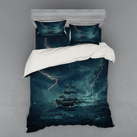 Ambesonne Landscape Bedding Set 4 Pcs, Pirate Vintage Ship, Queen, Dark Cadet Blue White