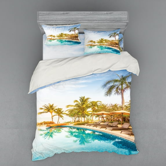 Ambesonne Landscape Bedding Set 4 Pcs, Poolside Exotic Island, Queen, Multicolor