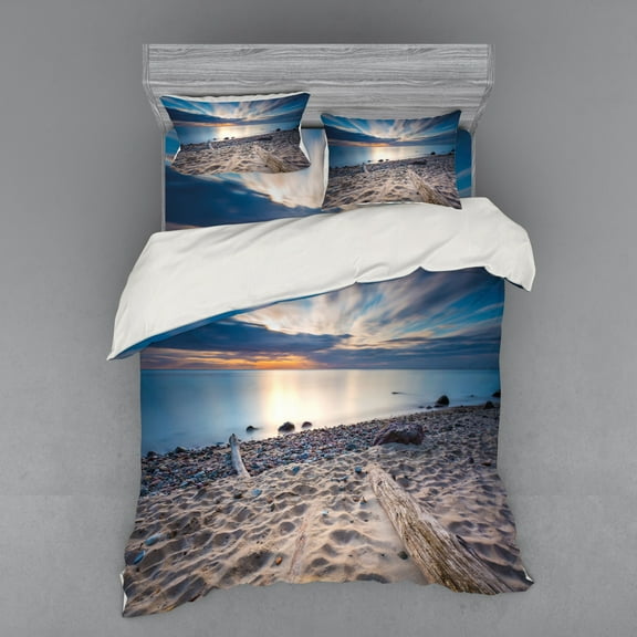 Ambesonne Landscape Bedding Set 4 Pcs, Rocky Sea Shore Trees, Queen, Blue and Beige
