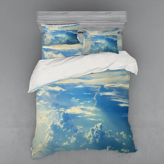 Ambesonne Landscape Bedding Set 4 Pcs, Sunrise Foggy Morning, Queen, Navy Cream