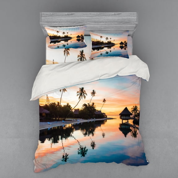 Ambesonne Landscape Bedding Set 4 Pcs, Sunset Moorea Island, Queen, Yellow Coral Blue