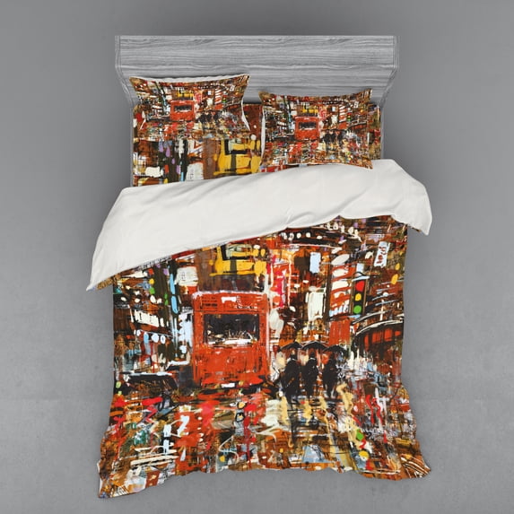 Ambesonne Landscape Bedding Set 4 Pcs, Urban Abstract City, Queen, Multicolor