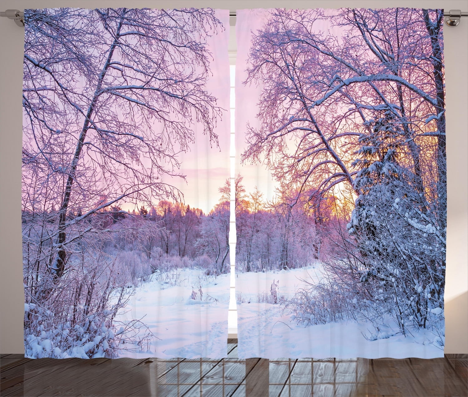 Ambesonne Landscape Curtains 2 Panel Set, Braches Snowy Sunset, 108