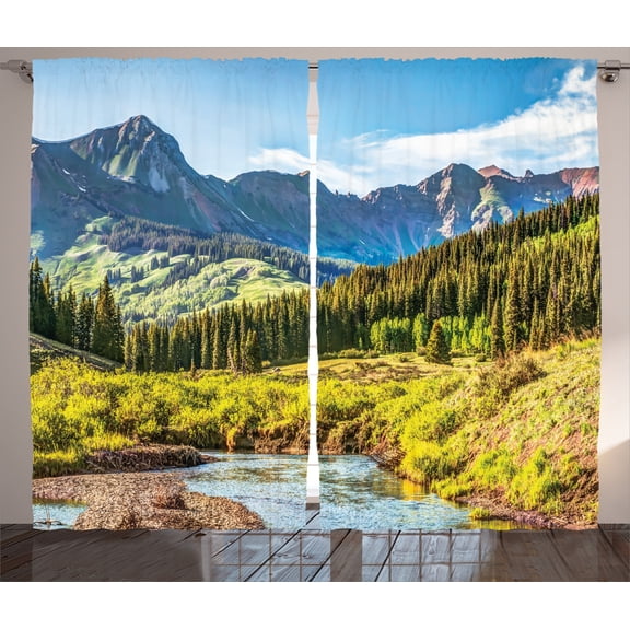 Ambesonne Landscape Curtains 2 Panel Set, Mountain Forest River, 108" x 84", Multicolor