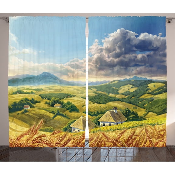 Ambesonne Landscape Curtains 2 Panel Set, Summer Rural Houses, 108" x 90", Green White Blue