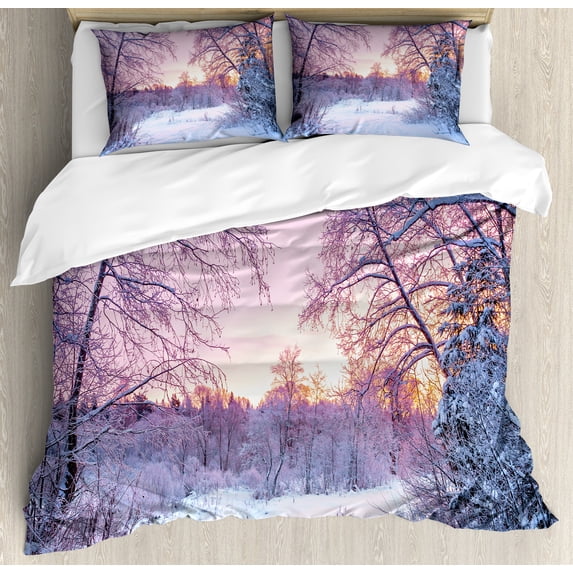 Ambesonne Landscape Duvet Cover Set, Braches Snowy Sunset, Queen, Lavender Lilac White