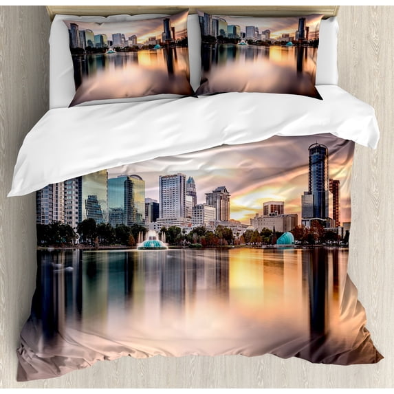Ambesonne Landscape Duvet Cover Set, Downtown City Skyline, 2-Calking, Teal Peach Grey
