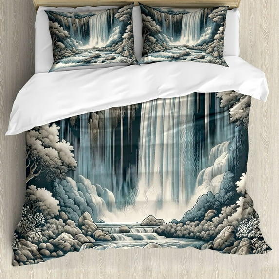 Ambesonne Landscape Duvet Cover Set, Expressive Waterfall Art, Queen, Blue Grey Pale Sepia