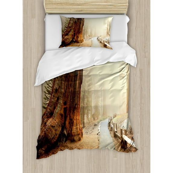 Ambesonne Landscape Duvet Cover Set, Foggy Forest Woods, Twin, Brown