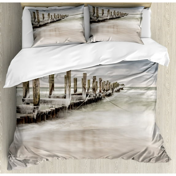 Ambesonne Landscape Duvet Cover Set, Groyne Zingst Germany, King, Pale Blue White Tan