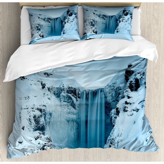 Ambesonne Landscape Duvet Cover Set, Mountains with Snow, Queen, Petrol Blue