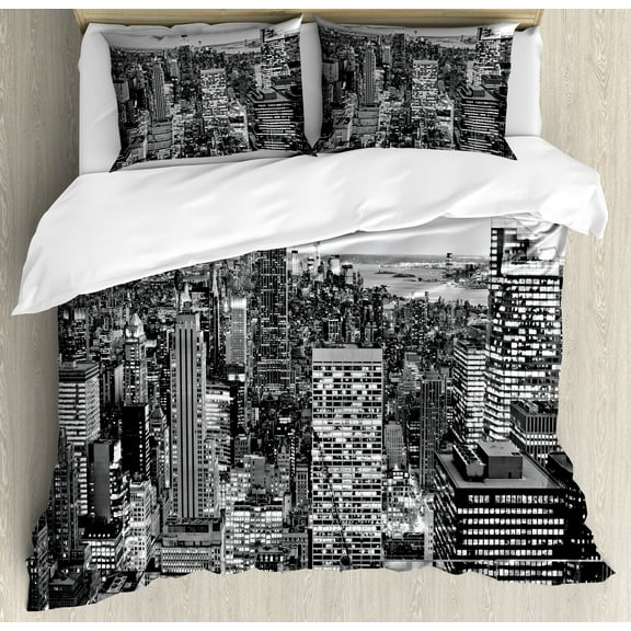 Ambesonne Landscape Duvet Cover Set, New York Manhattan, Calking, Grey