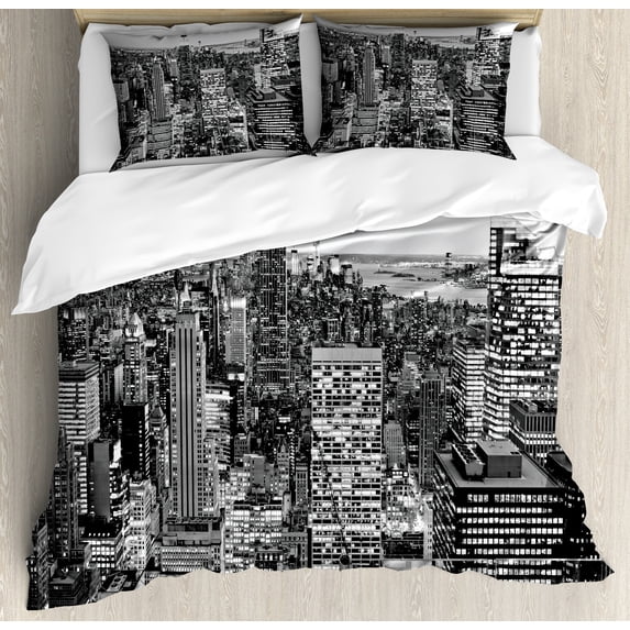 Ambesonne Landscape Duvet Cover Set, New York Manhattan, Queen, Grey