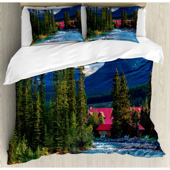 Ambesonne Landscape Duvet Cover Set, River Log Lake Village, King, Green Blue and Dark Pink