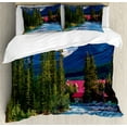 thumbnail image 1 of Ambesonne Landscape Duvet Cover Set, River Log Lake Village, Queen, Green Blue and Dark Pink, 1 of 3