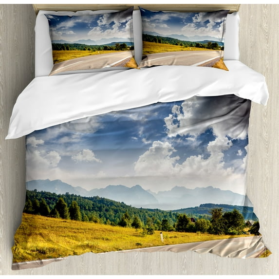 Ambesonne Landscape Duvet Cover Set, Road Hot Sunny Road, King, Amber Taupe Green