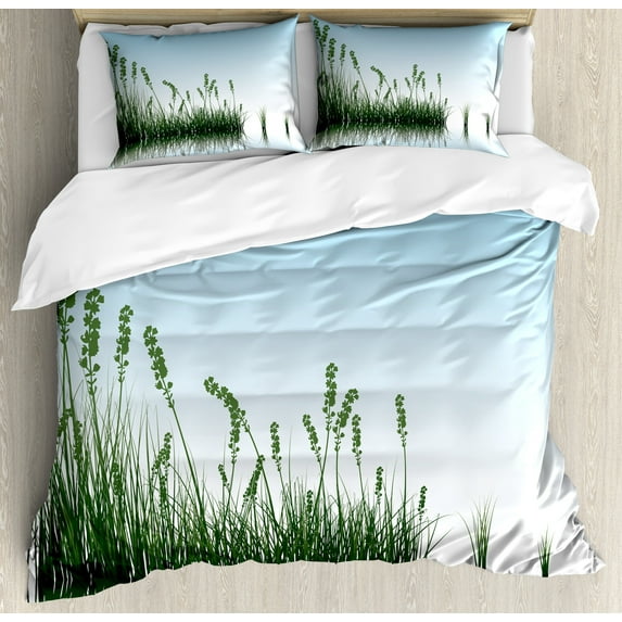 Ambesonne Landscape Duvet Cover Set, Scenery Lake Bushes, Queen, Pale Blue Jade Green