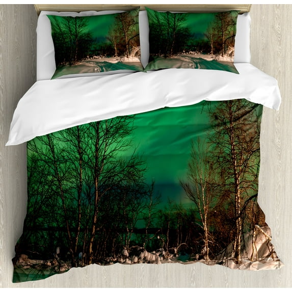 Ambesonne Landscape Duvet Cover Set, Snowy Frozen Road, 2-Calking, Jade Green Brown White