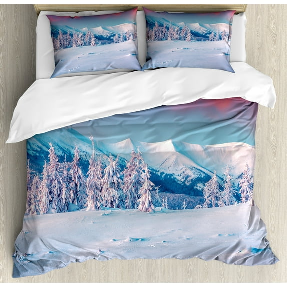 Ambesonne Landscape Duvet Cover Set, Sunset Snowy Winter, 2-Calking, Dark Coral Sky Blue