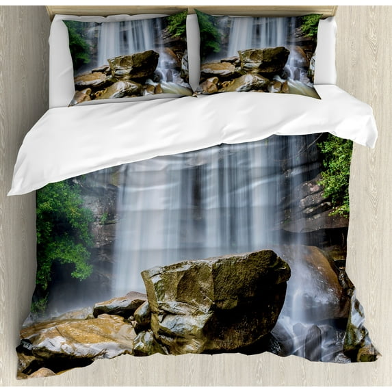 Ambesonne Landscape Duvet Cover Set, Tropical Waterfalls, Queen, White Green and Brown