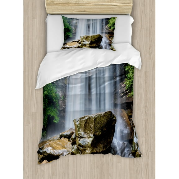 Ambesonne Landscape Duvet Cover Set, Tropical Waterfalls, Twin, White Green and Brown