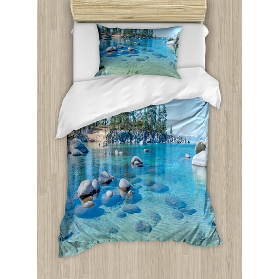 Ambesonne Landscape Duvet Cover Sets, Calm Still Water Rocks, 2-Twin, Blue Grey Green