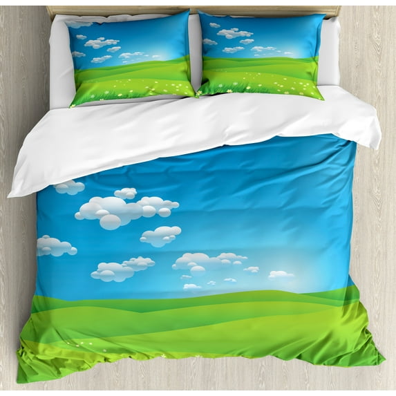 Ambesonne Landscape Duvet Cover Sets, Cartoon Valley Scene, 2-Queen, Blue White Green