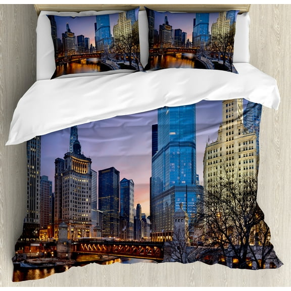 Ambesonne Landscape Duvet Cover Sets, Chicago River Scenery, 2-Queen, Multicolor