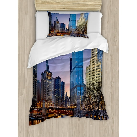 Ambesonne Landscape Duvet Cover Sets, Chicago River Scenery, 2-Twin, Multicolor