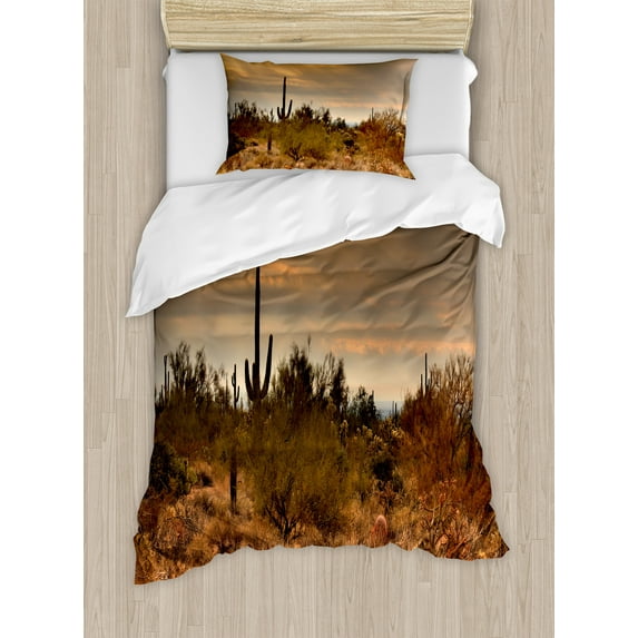 Ambesonne Landscape Duvet Cover Sets, Dramatic Shady Desert, 2-Twin, Orange Green