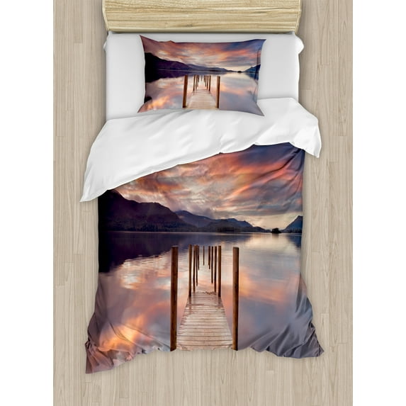 Ambesonne Landscape Duvet Cover Sets, Flooded Jetty England, 2-Twin, Coral Purplegrey
