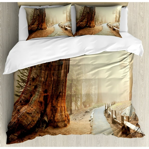 Ambesonne Landscape Duvet Cover Sets, Foggy Forest Woods, 2-King, Brown