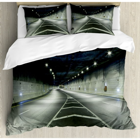 Ambesonne Landscape Duvet Cover Sets, Interior Urban Tunnel, 2-King, Navy Dark Blue and White