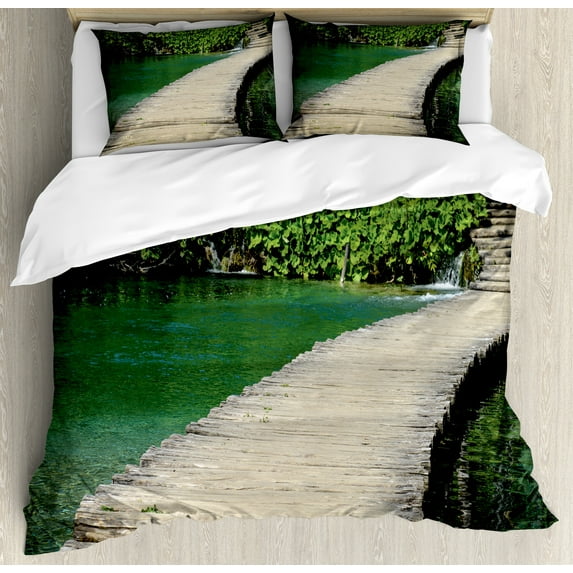 Ambesonne Landscape Duvet Cover Sets, National Park Plitvice, 2-Queen, Lime Green Dark Eggshell