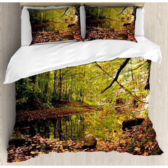 Ambesonne Landscape Duvet Cover Sets, Pine River in Autumn, 2-King, Green Yellow Cinnamon