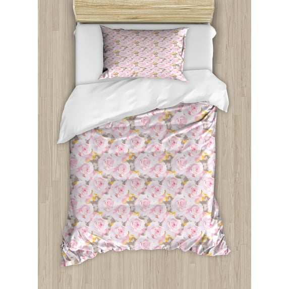 Ambesonne Landscape Duvet Cover Sets, Romantic Spring Roses, 2-Twin, Rose Pale Orange