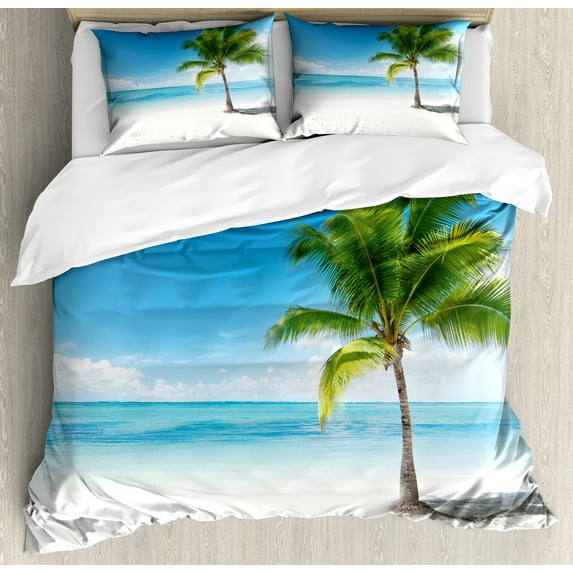 Ambesonne Landscape Duvet Cover Sets, Sea Ocean Palm Trees, 2-Queen, Sky Blue Green and White