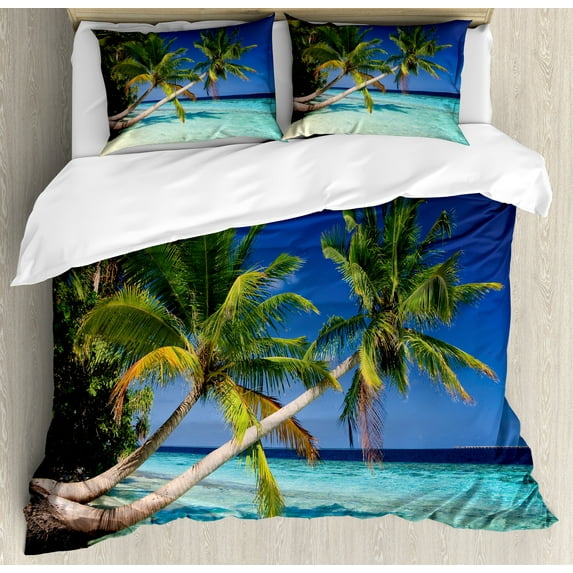 Ambesonne Landscape Duvet Cover Sets, Tropic Island Palms, 2-King, Aqua Blue Green
