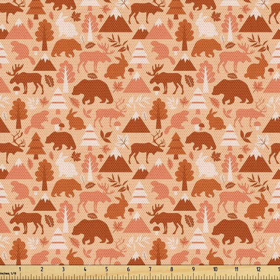 Ambesonne Landscape Fabric by the Yard Upholstery, Autumn Theme Forest Items, 10 Yards, Peach Cinnamon and Pearl
