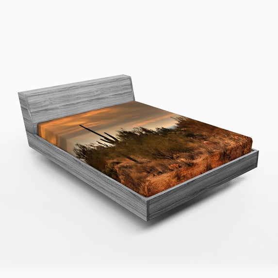 Ambesonne Landscape Fitted Sheet 2 Pcs Set, Dramatic Shady Desert, Queen, Orange Green