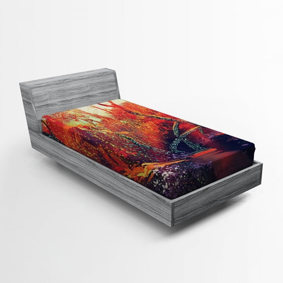 Ambesonne Landscape Fitted Sheet, Autumn Fall Scenery, Twin Size, Orange Purple